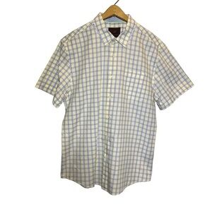 Tattersall London men's size L white yellow blue short sleeve button up shirt